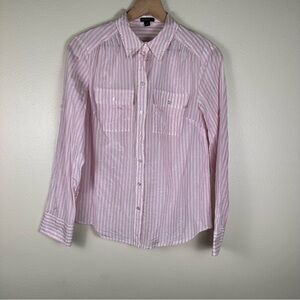 ANN TAYLOR Women's Silk Blend Relaxed Fit Pink Striped Satin Button Up Shirt